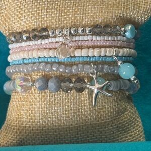Stacked Pastel Beach Charm Beaded Bracelet Set NEW